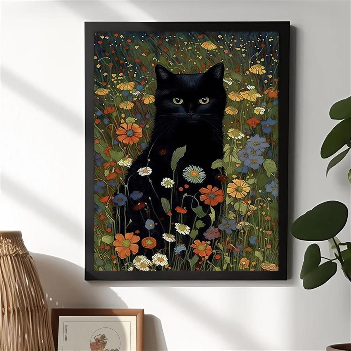 Cat In Garden Flowers Canvas Painting Cat Art Gift For Her Home Decor