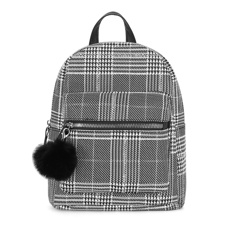 Plaid Zipper Backpack PU Leather School Travel Bag