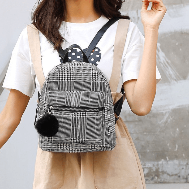 Plaid Zipper Backpack PU Leather School Travel Bag