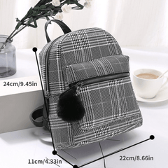 Plaid Zipper Backpack PU Leather School Travel Bag