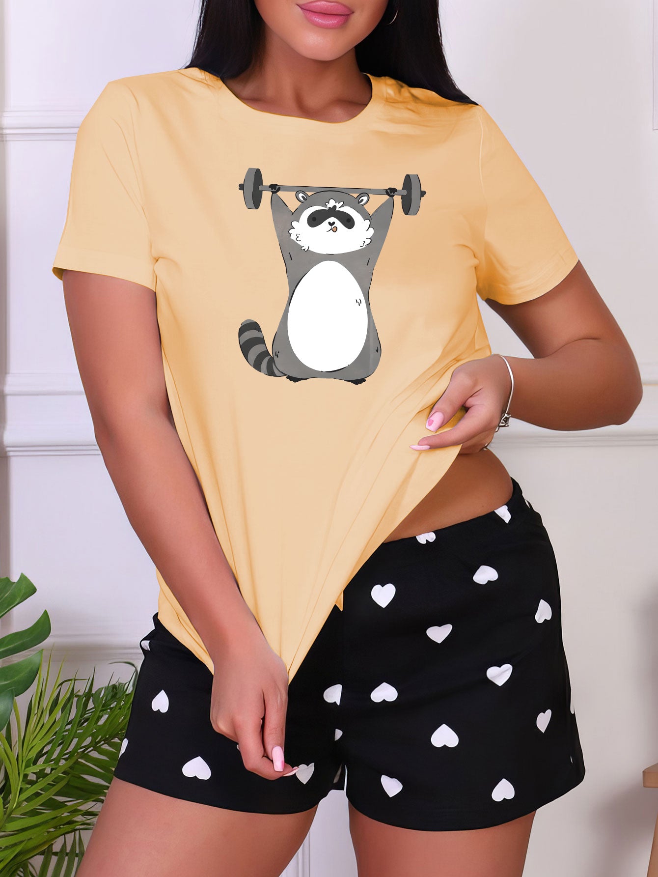 Cartoon Print Sleep Top Short Sleeve Crew Neck Women's Loungewear