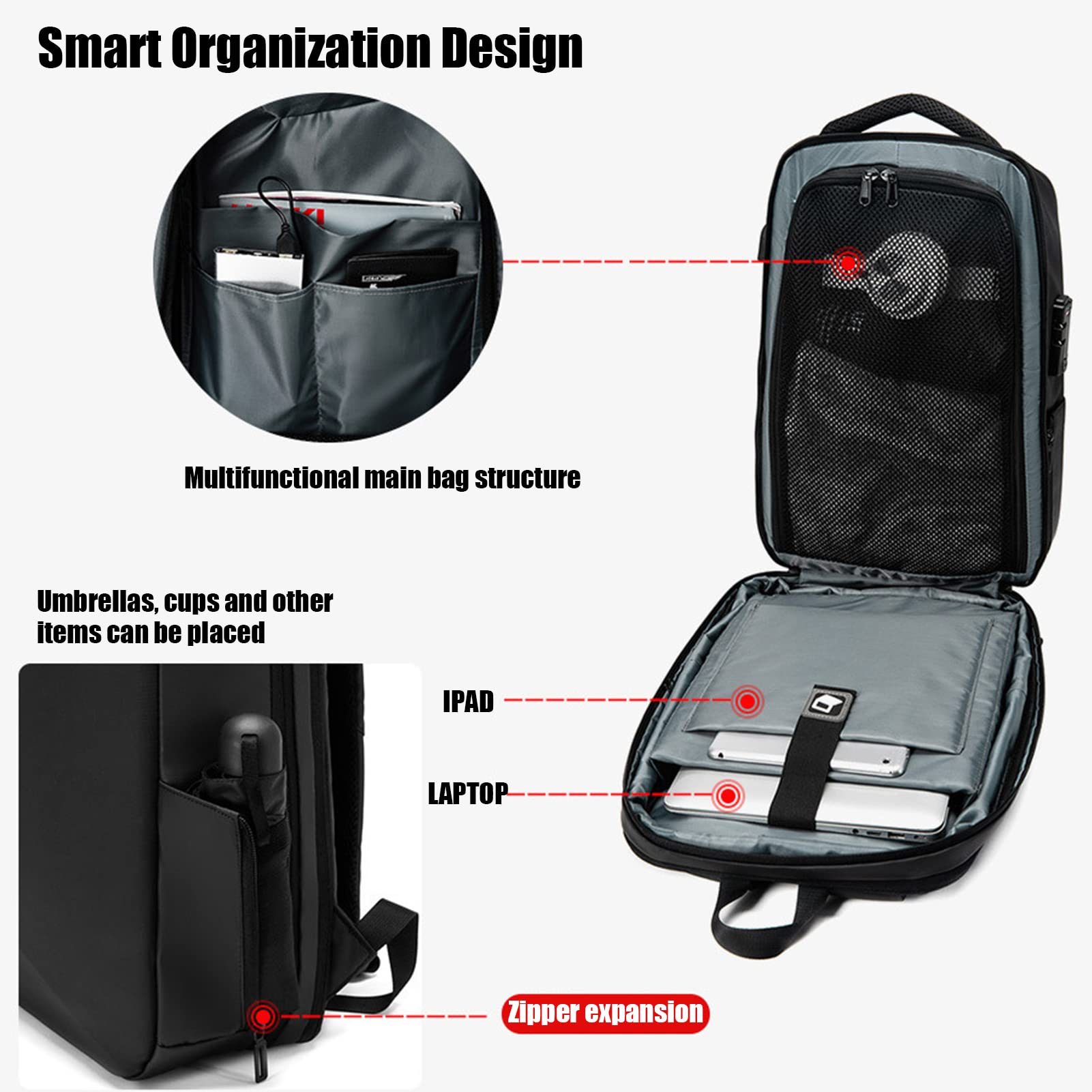 Casual Expandable Backpack 40 Laptop Bag Waterproof with Lock & USB Port