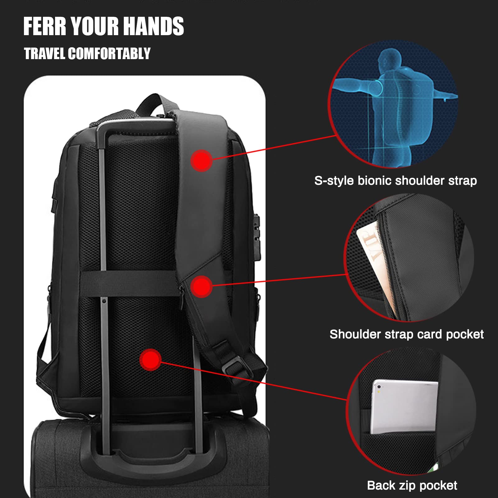 Casual Expandable Backpack 40 Laptop Bag Waterproof with Lock & USB Port