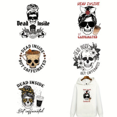 5pcs Dead Inside But Coffeinated Skull Iron On Transfer Stickers