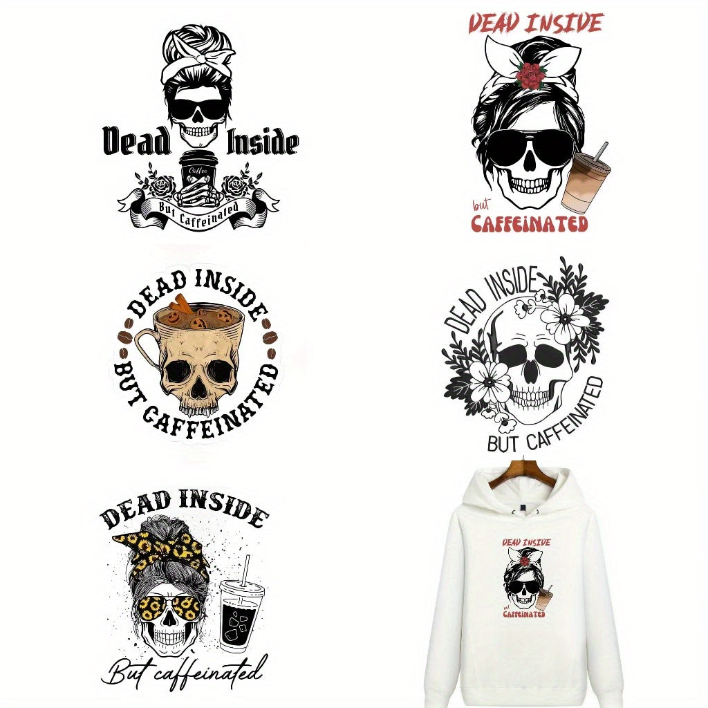 5pcs Dead Inside But Coffeinated Skull Iron On Transfer Stickers