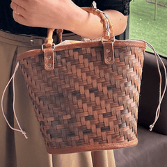 Straw Woven Bucket Drawstring Handbag Bamboo Handle Decorative Tote Bag