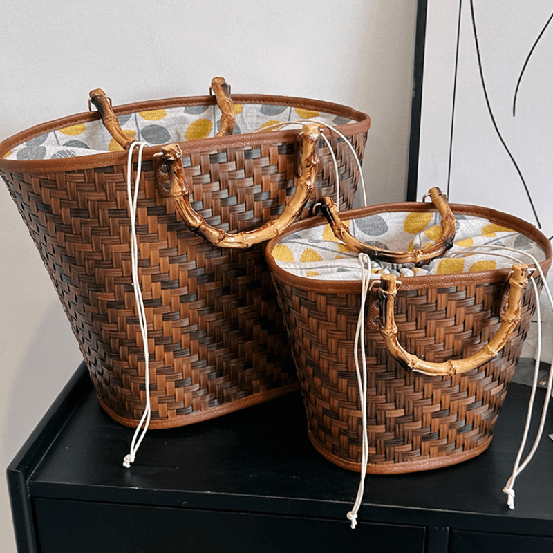 Straw Woven Bucket Drawstring Handbag Bamboo Handle Decorative Tote Bag