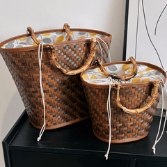 Straw Woven Bucket Drawstring Handbag Bamboo Handle Decorative Tote Bag
