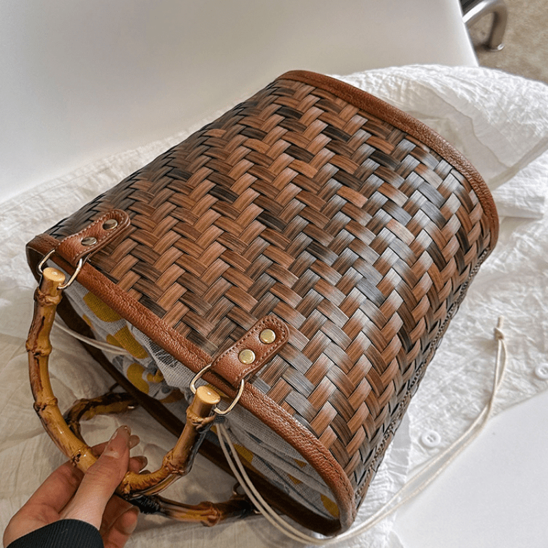 Straw Woven Bucket Drawstring Handbag Bamboo Handle Decorative Tote Bag