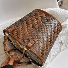 Straw Woven Bucket Drawstring Handbag Bamboo Handle Decorative Tote Bag