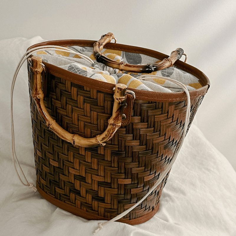 Straw Woven Bucket Drawstring Handbag Bamboo Handle Decorative Tote Bag