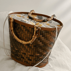 Straw Woven Bucket Drawstring Handbag Bamboo Handle Decorative Tote Bag