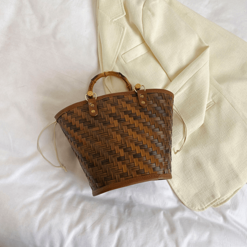 Straw Woven Bucket Drawstring Handbag Bamboo Handle Decorative Tote Bag