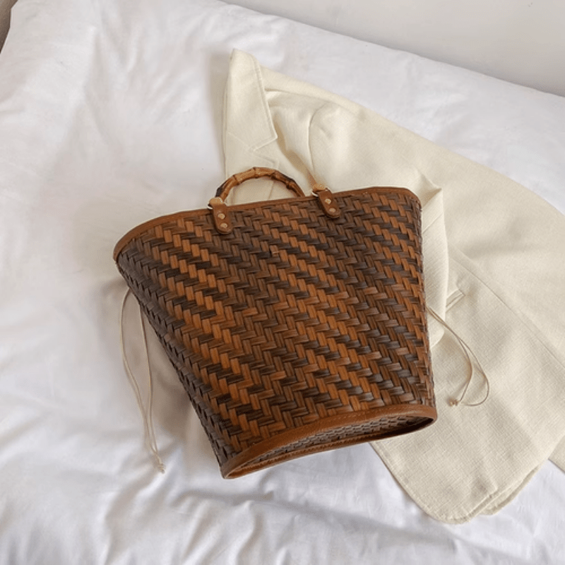 Straw Woven Bucket Drawstring Handbag Bamboo Handle Decorative Tote Bag