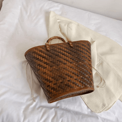 Straw Woven Bucket Drawstring Handbag Bamboo Handle Decorative Tote Bag