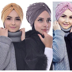Pleated Turban Cap Faux Pearl Decor Head Wraps Elastic Beanie Bonnet