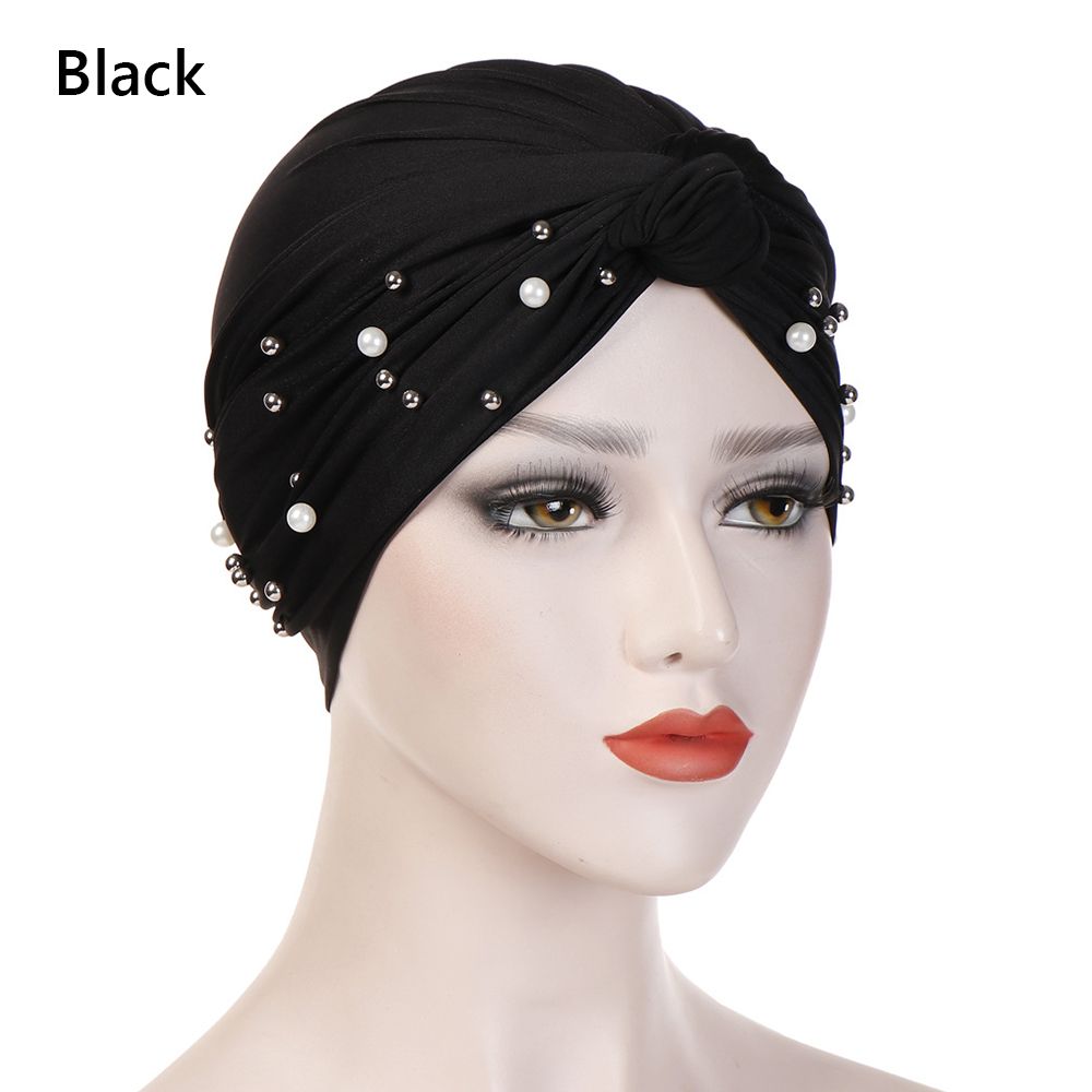 Pleated Turban Cap Faux Pearl Decor Head Wraps Elastic Beanie Bonnet