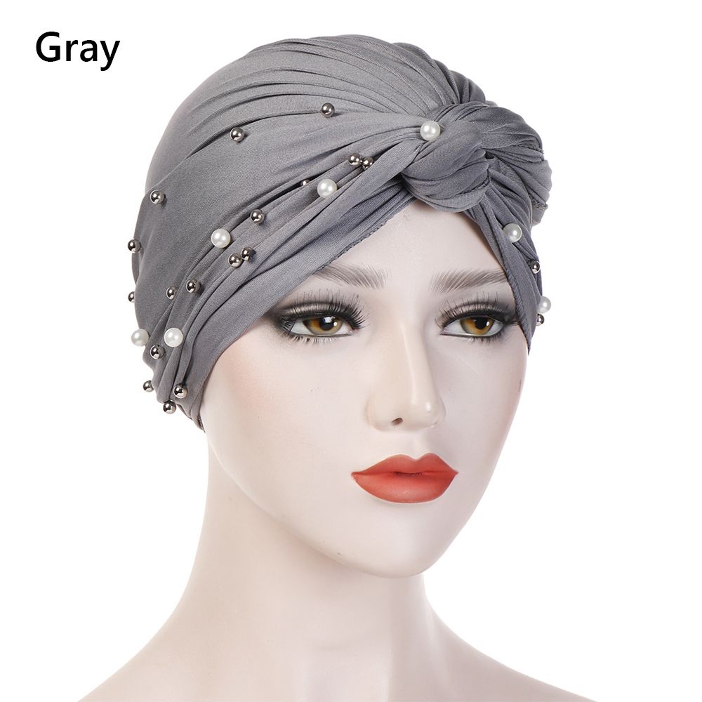 Pleated Turban Cap Faux Pearl Decor Head Wraps Elastic Beanie Bonnet