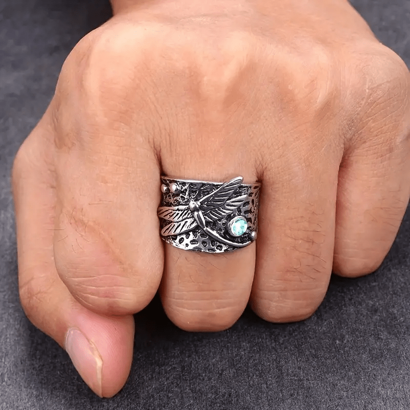 Vintage Dragonfly Pattern Gemstone Ring Silver Plated Tungsten Steel