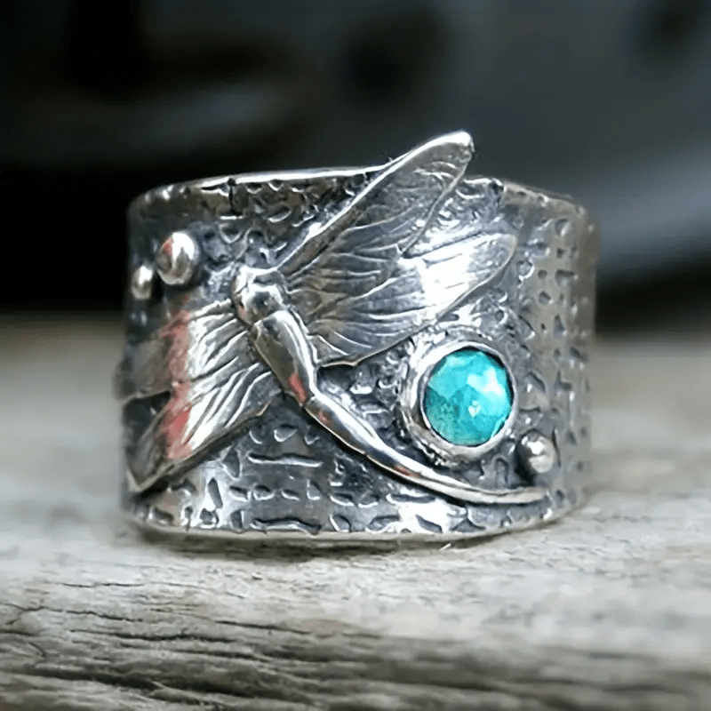Vintage Dragonfly Pattern Gemstone Ring Silver Plated Tungsten Steel