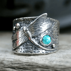 Vintage Dragonfly Pattern Gemstone Ring Silver Plated Tungsten Steel