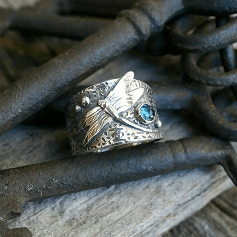 Vintage Dragonfly Pattern Gemstone Ring Silver Plated Tungsten Steel