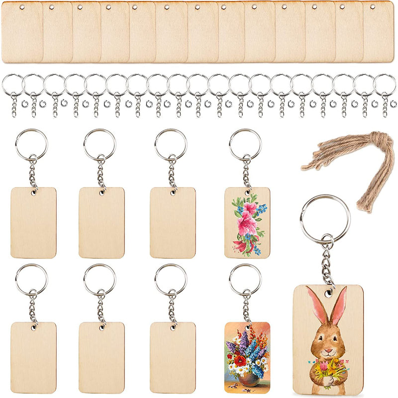 60pcs Wooden Rectangle Keychain Pendant DIY Wood Key Ring Blank Pendant