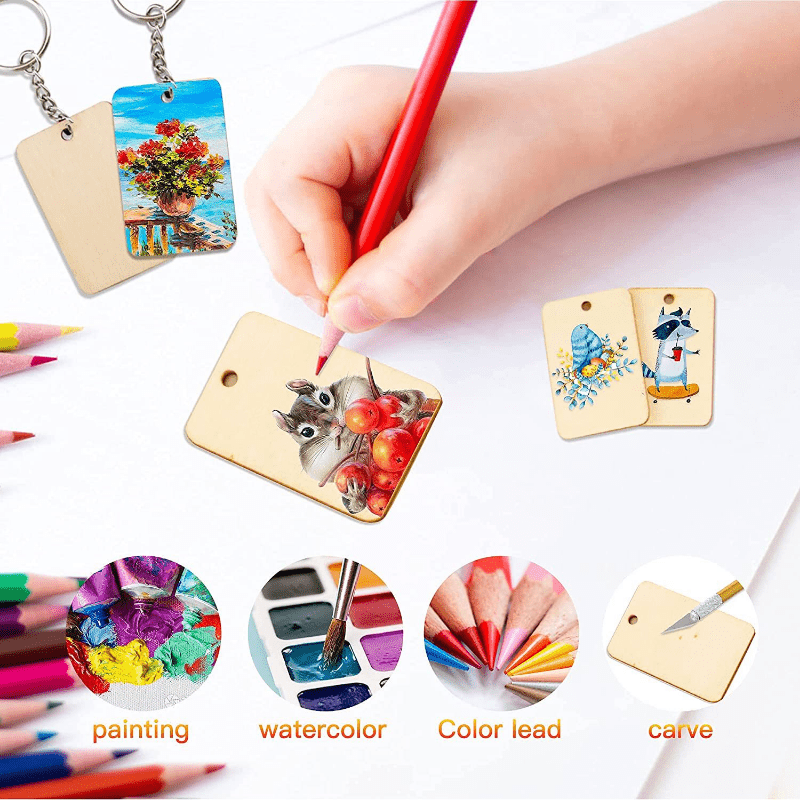 60pcs Wooden Rectangle Keychain Pendant DIY Wood Key Ring Blank Pendant