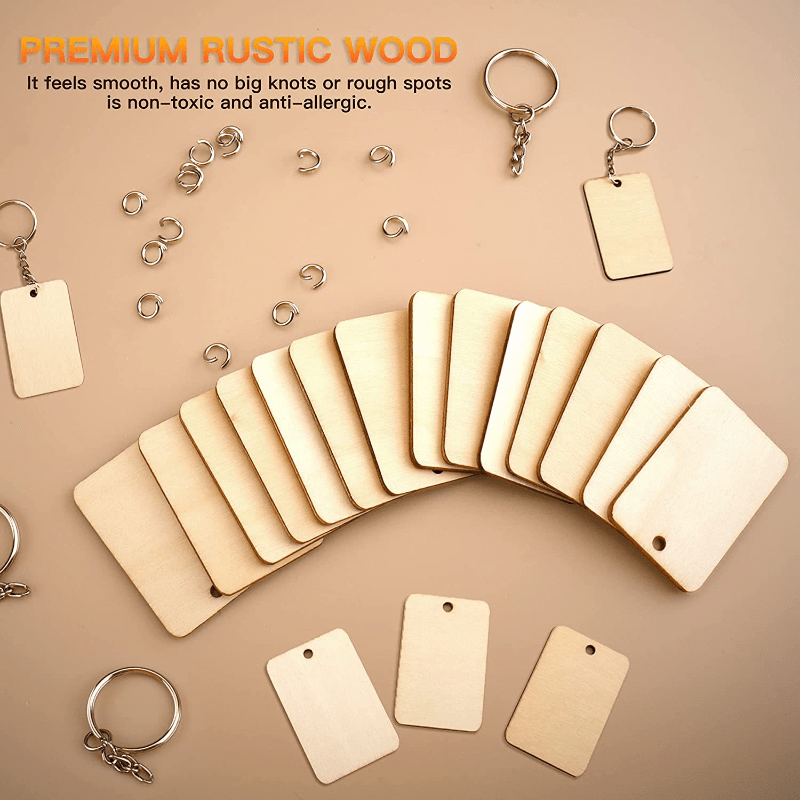 60pcs Wooden Rectangle Keychain Pendant DIY Wood Key Ring Blank Pendant