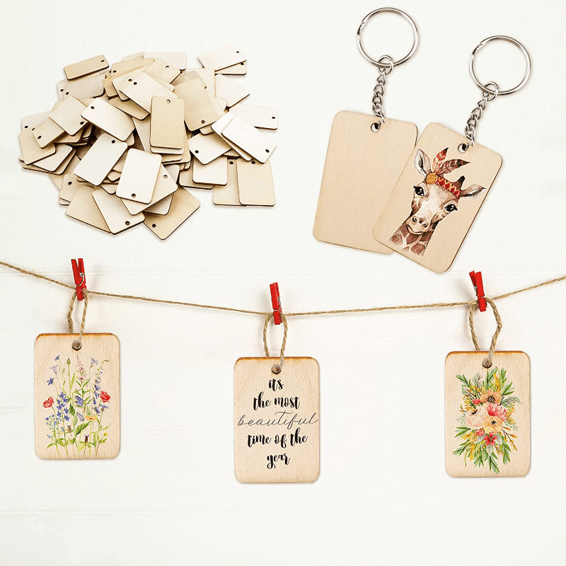 60pcs Wooden Rectangle Keychain Pendant DIY Wood Key Ring Blank Pendant