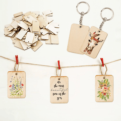 60pcs Wooden Rectangle Keychain Pendant DIY Wood Key Ring Blank Pendant