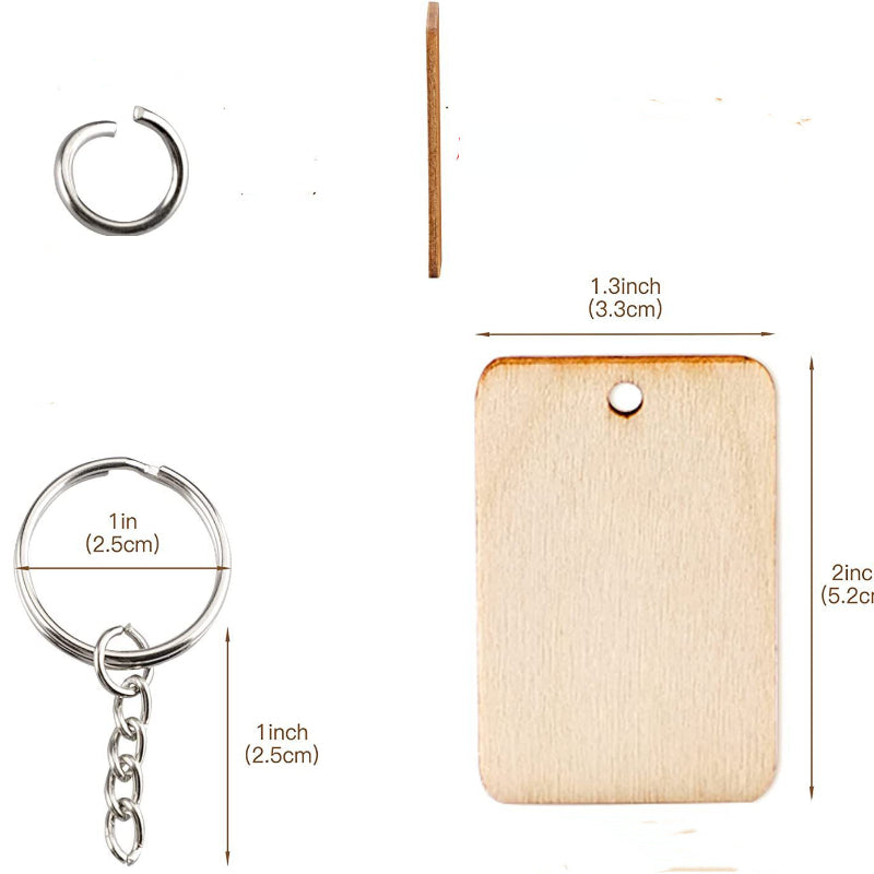 60pcs Wooden Rectangle Keychain Pendant DIY Wood Key Ring Blank Pendant