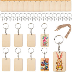 60pcs Wooden Rectangle Keychain Pendant DIY Wood Key Ring Blank Pendant