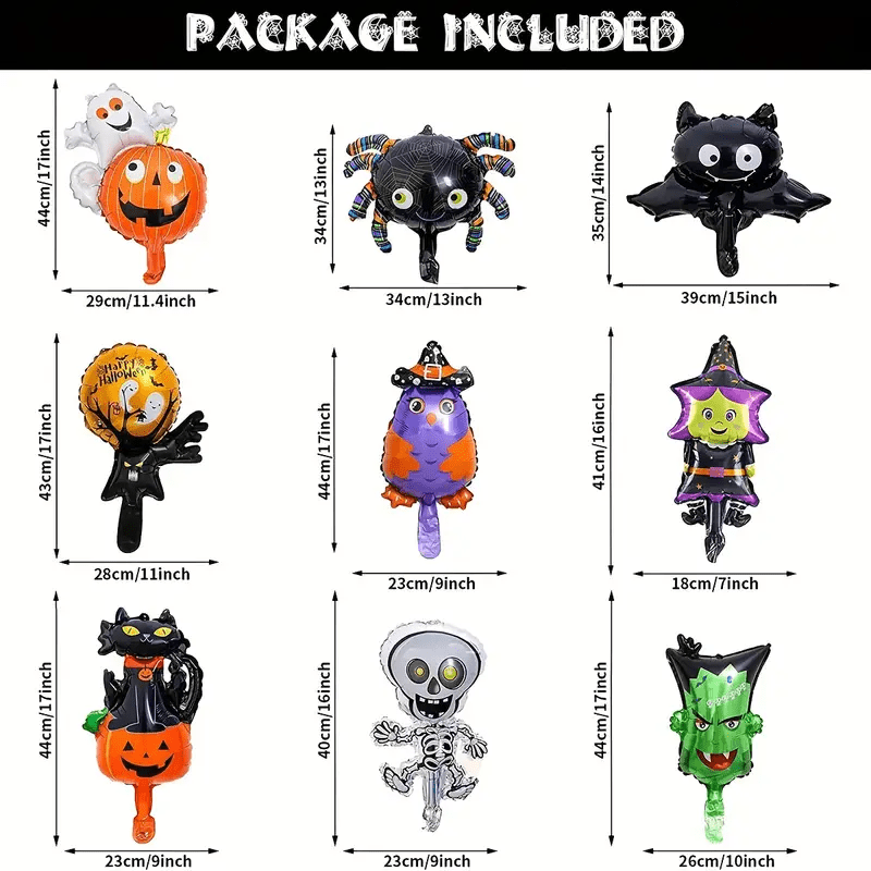 10 Mini Halloween Foil Balloons Set - Witch, Pumpkin, Spider, Ghost, Skeleton