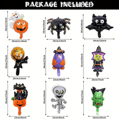 10 Mini Halloween Foil Balloons Set - Witch, Pumpkin, Spider, Ghost, Skeleton
