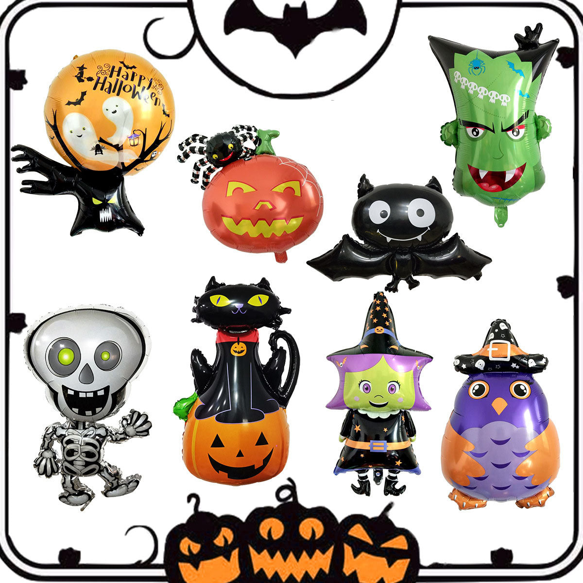 10 Mini Halloween Foil Balloons Set - Witch, Pumpkin, Spider, Ghost, Skeleton