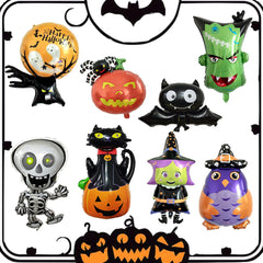10 Mini Halloween Foil Balloons Set - Witch, Pumpkin, Spider, Ghost, Skeleton