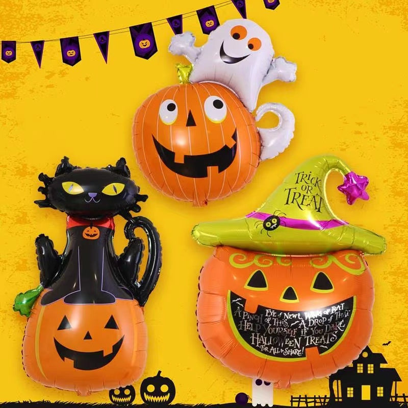10 Mini Halloween Foil Balloons Set - Witch, Pumpkin, Spider, Ghost, Skeleton