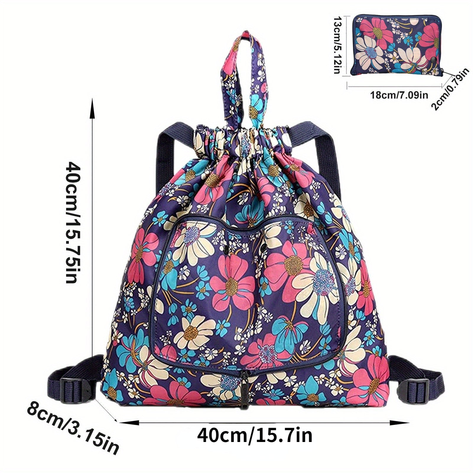 Vintage Flower Pattern Drawstring Backpack with Clutch Pouch