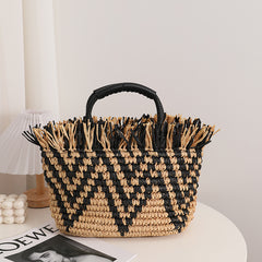 Woven Striped Tote Bag Lightweight Satchel Bucket Bag