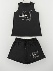  Cat Print Tank Top & Shorts Lounge Set