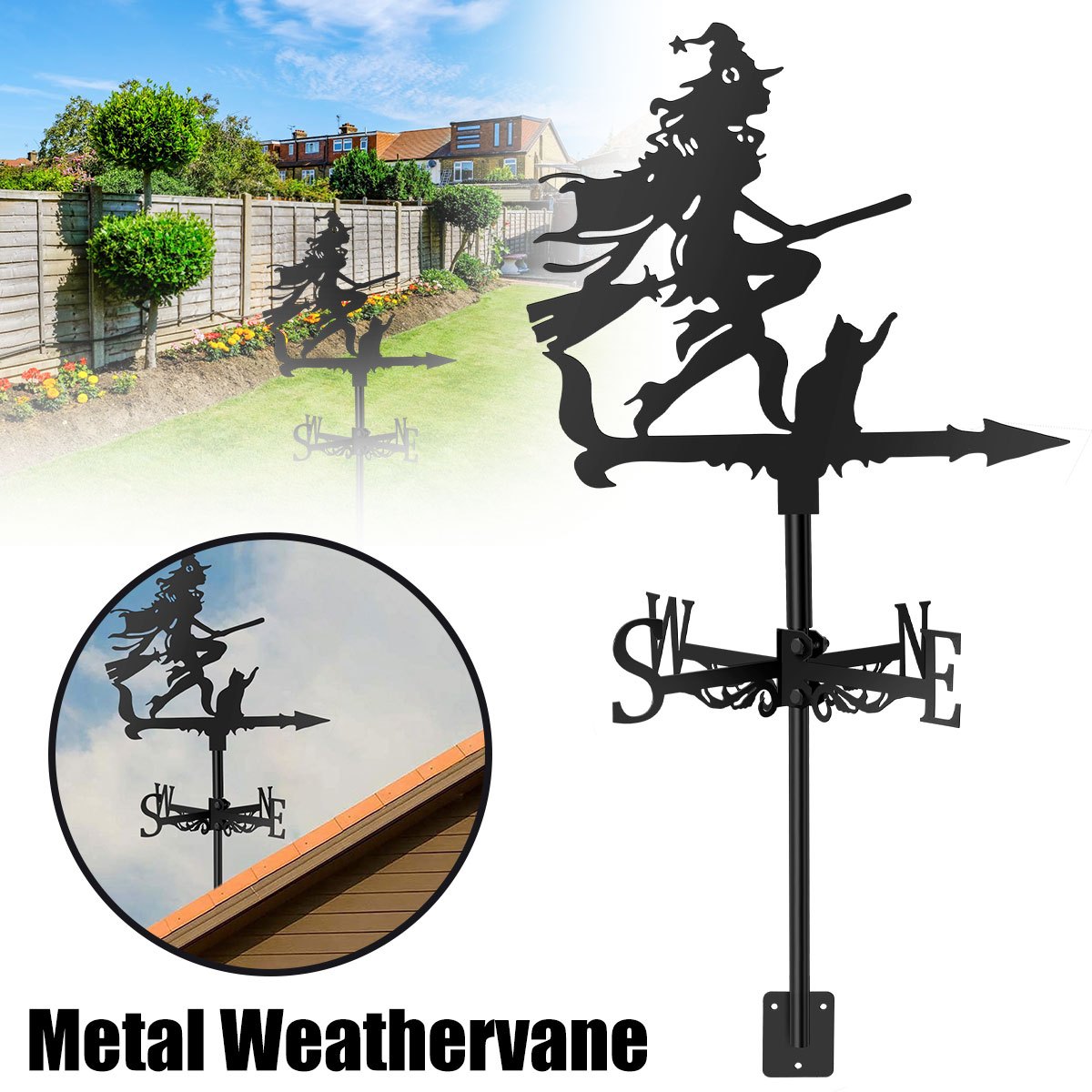 Metal Witch & Cat Weathervane Retro Wind Vane