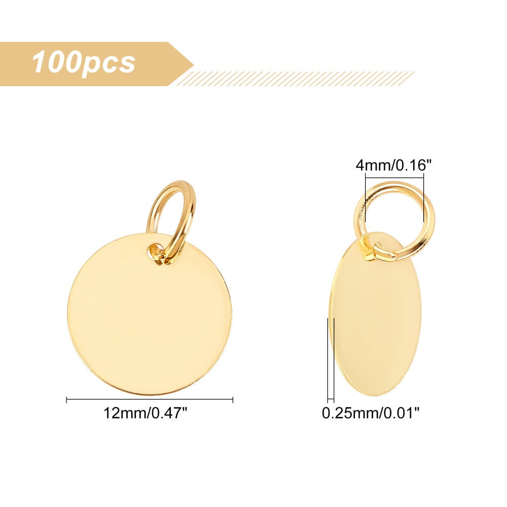 100Pcs 12mm Brass Stamping Blank Tag Charms Flat Round Metal Stamps Golden