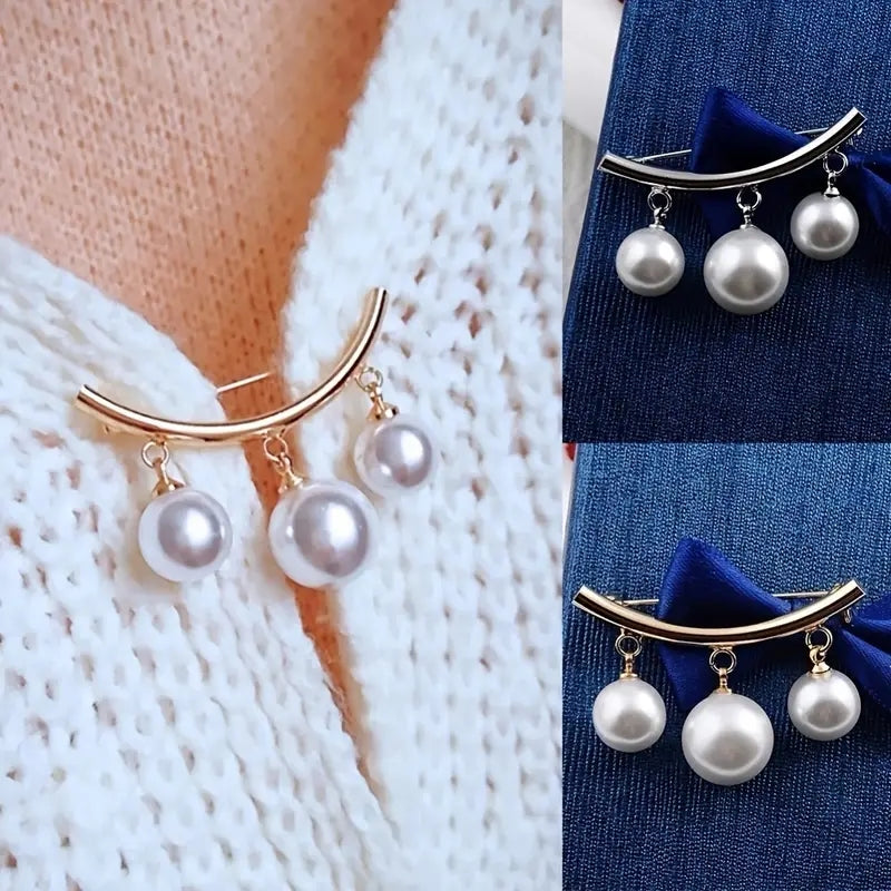 Faux Pearl Neck Tie Pin Buckle Metal Brooch Collar Cardigan Clip