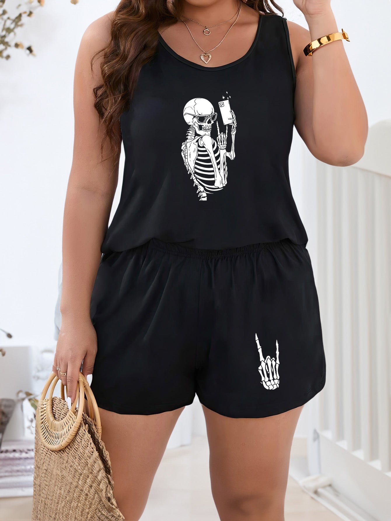  Halloween Loungewear Set Selfie Skull Print Tank Top & Shorts Pajama