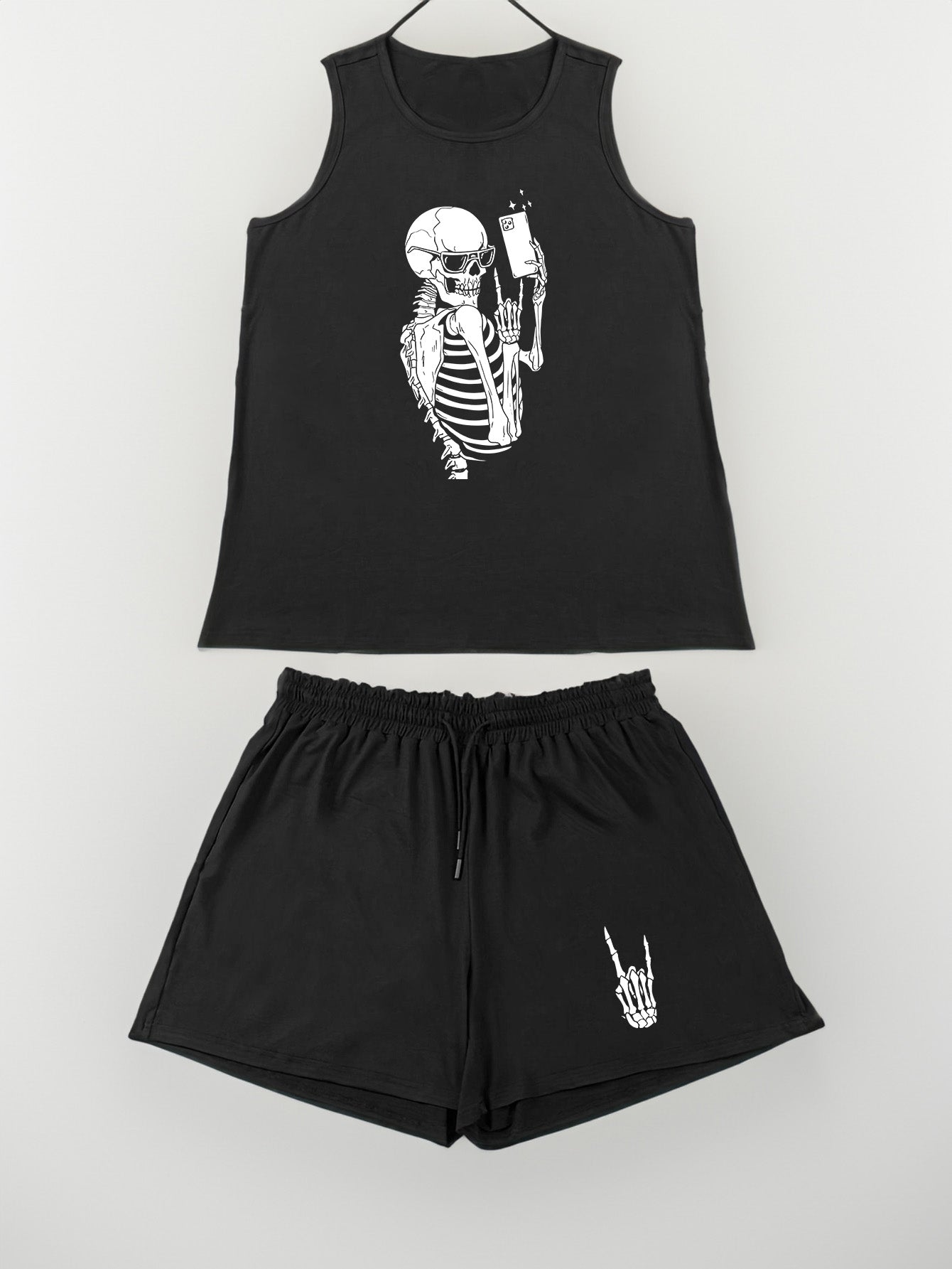  Halloween Loungewear Set Selfie Skull Print Tank Top & Shorts Pajama