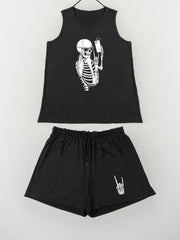  Halloween Loungewear Set Selfie Skull Print Tank Top & Shorts Pajama