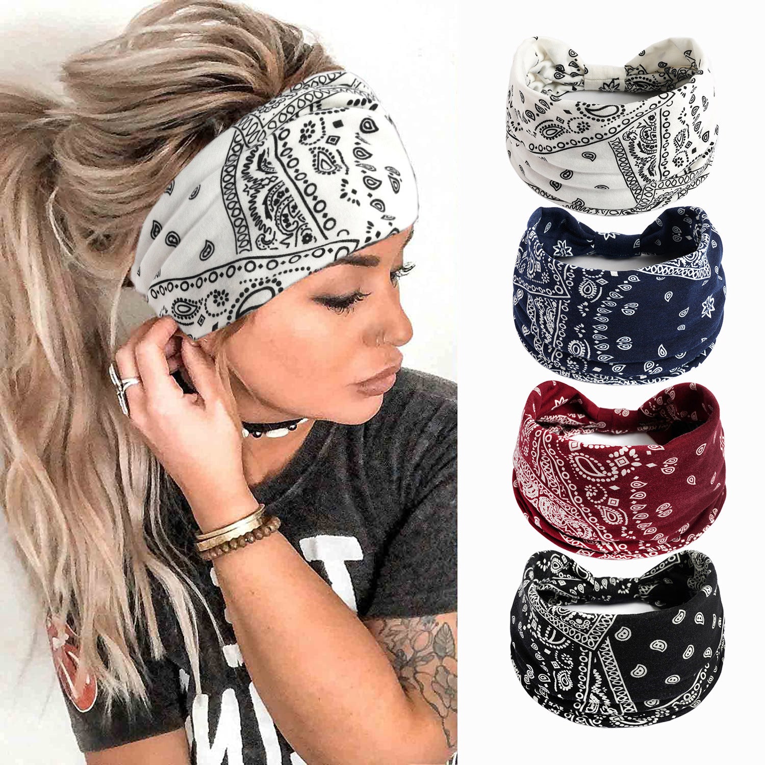Paisley Boho Headbands For Women Girls Stretch Wide Hair Band