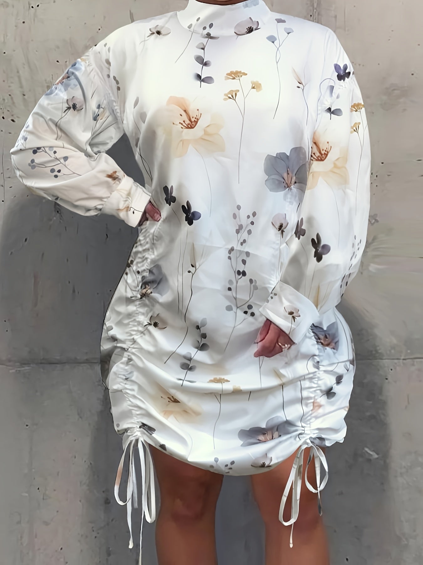 Women's Plus Floral Print Ruched Front High Neck Dress