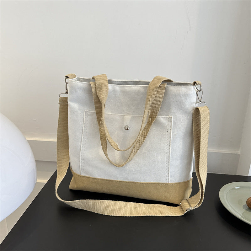 Vintage Canvas Tote Bag Large Capacity Handbag Casual Contrast Crossbody Bag